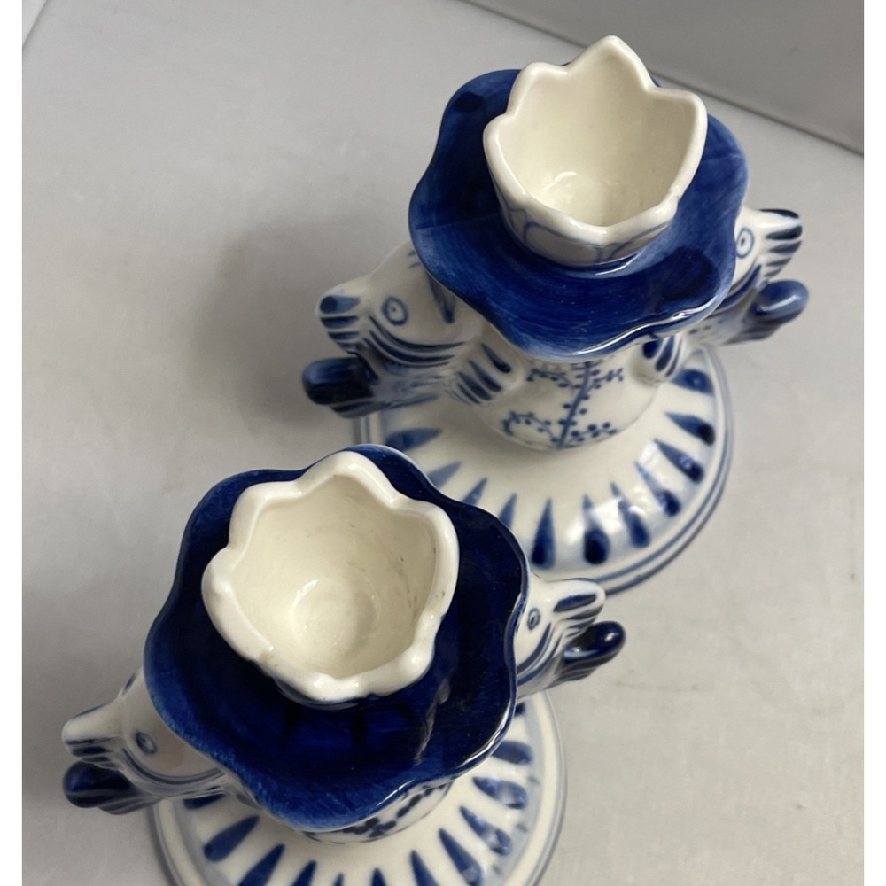 Gzhel Porcelain Russian Candlestick Hand Painted Blue & White Fish Theme Vintage - Picture 6 of 13